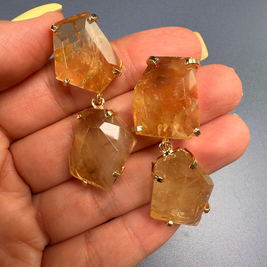 Chunky freeform faceted citrine double drop dangle earrings