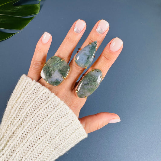 Moss agate mixed-shape cabochon rings