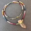 Multicolor sapphire necklace with pink lemurian point connector