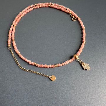 14-karat gold rhodochrosite hamsa hand necklace