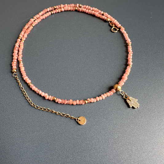 14-karat gold rhodochrosite hamsa hand necklace