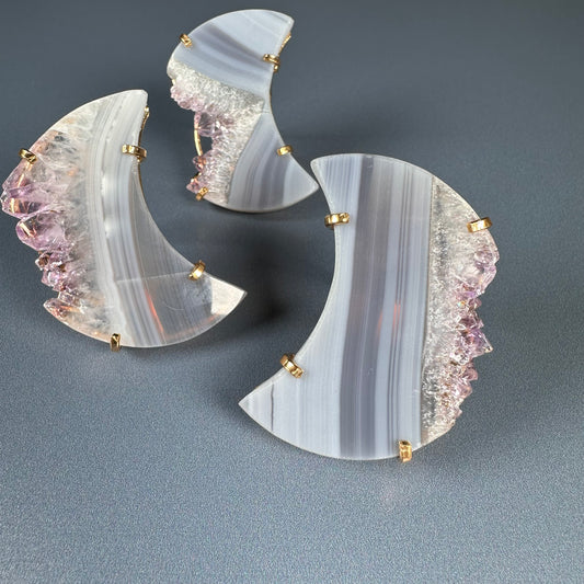 Oversized amethyst slice crystal moon ring