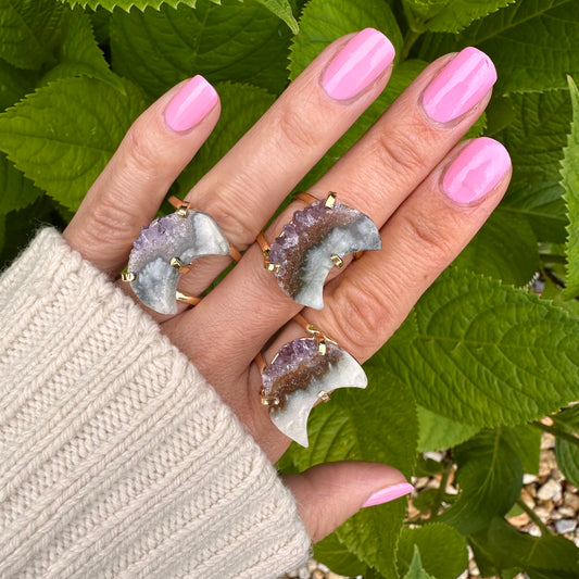 Amethyst crystals slice small crescent moon ring