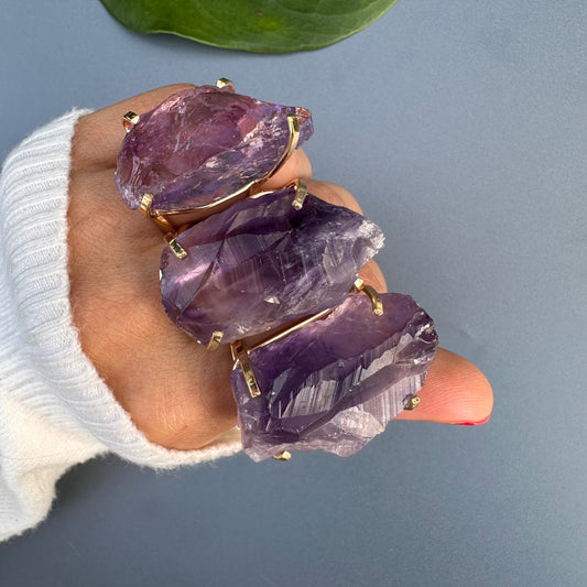 Large raw purple amethyst gem ring