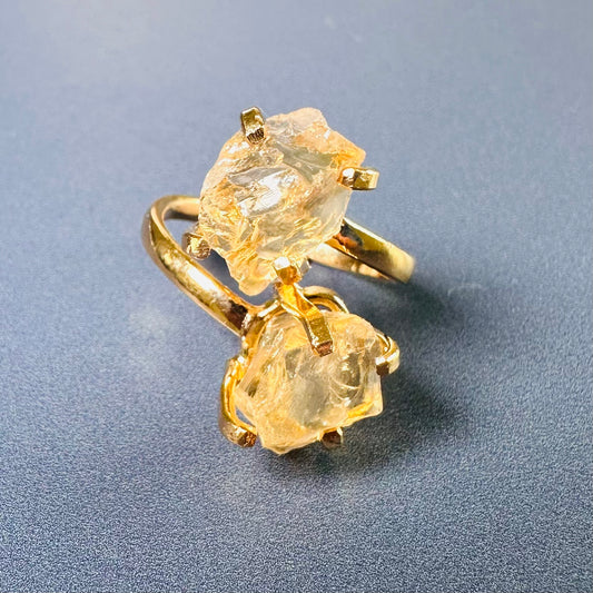 Raw citrine slice dual stone ring