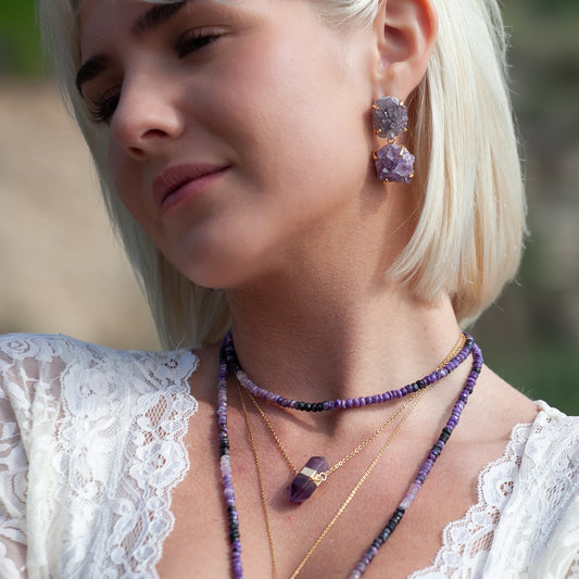 Double drop druzy amethyst dangle earrings