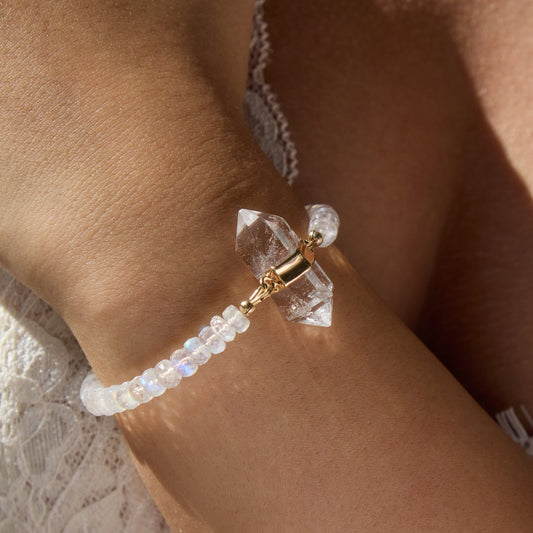 Moonstone beaded bracelet — double point crystal connector