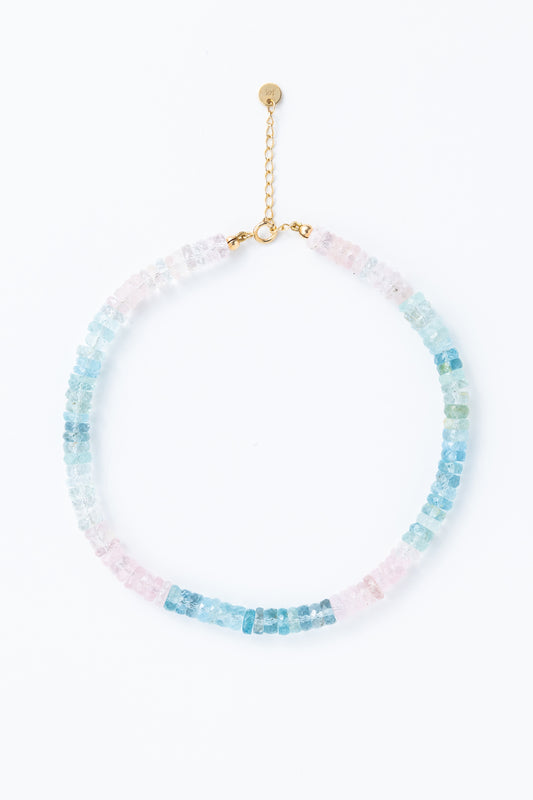 14-Karat Gold Morganite & Aquamarine Tubes Interlocking Necklace