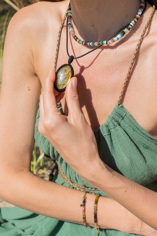 Multi Fire Labradorite Macrame Pendant