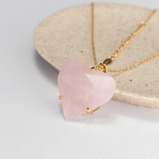 Rose quartz faceted heart pendant