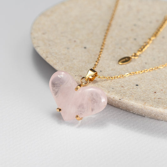 Rose quartz puffy heart pendant