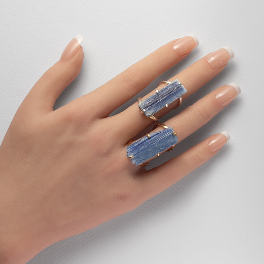 Raw blue kyanite crystal ring