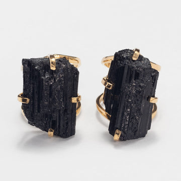 Raw black tourmaline bar crystal ring