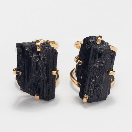 Raw black tourmaline bar crystal ring