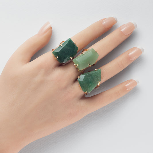 Freeform faceted green quartz crystal ring