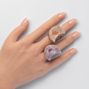 Druzy pink amethyst moon ring