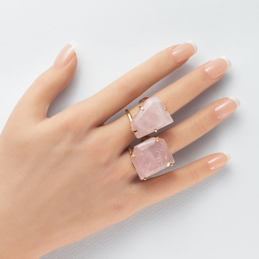 Freeform faceted rose quartz crystal ring