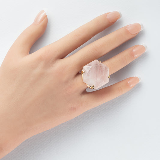 Rose quartz large hexagon ring