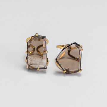 Freeform faceted smoky quartz crystal ring