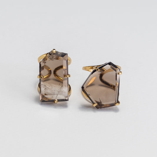 Freeform faceted smoky quartz crystal ring