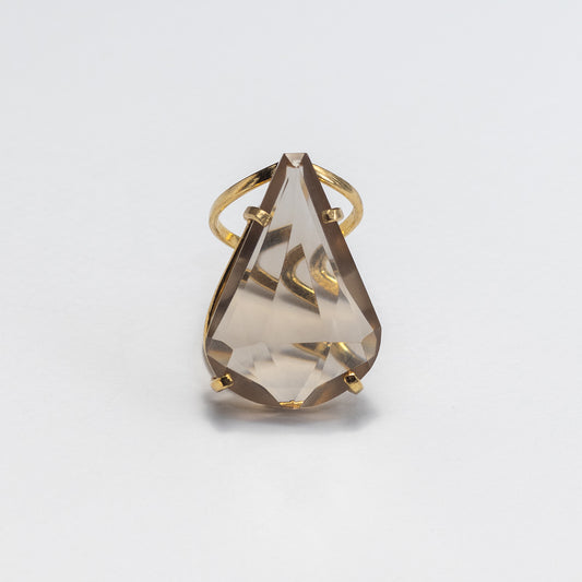 Faceted pear-shaped smoky crystal ring