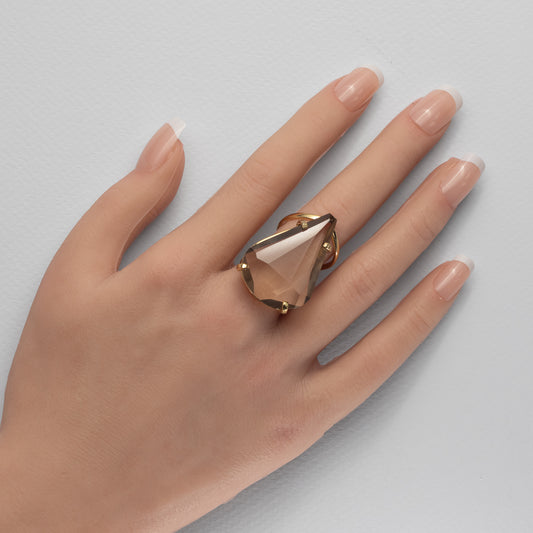 Faceted pear-shaped smoky crystal ring