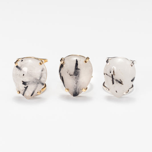 Tourmalinated quartz pear cabochon ring