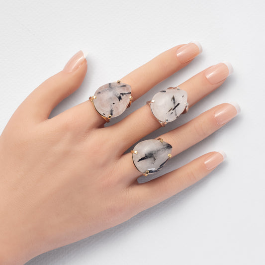 Tourmalinated quartz pear cabochon ring