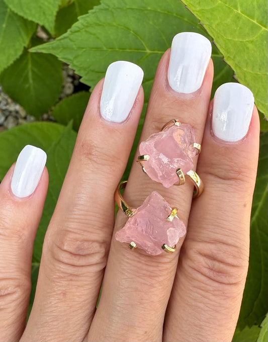 rose quartz rough slice dual ring