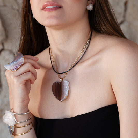 Oversized amethyst crystal slice heart pendant