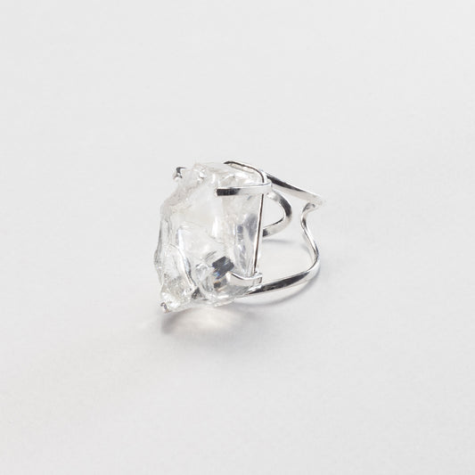 Raw clear crystal quartz silver ring