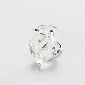 Raw clear crystal quartz silver ring