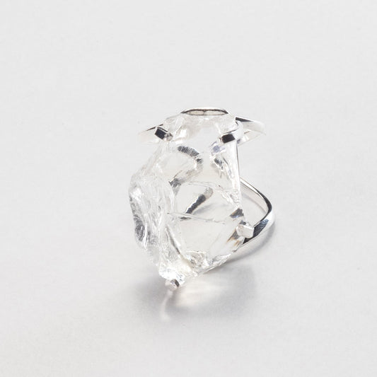 Raw clear crystal quartz silver ring