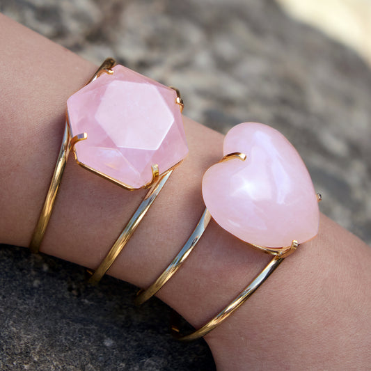 Rose quartz heart statement cuff bracelet
