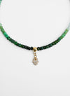 14-karat gold emerald anklet with moissanite hamsa hand charm