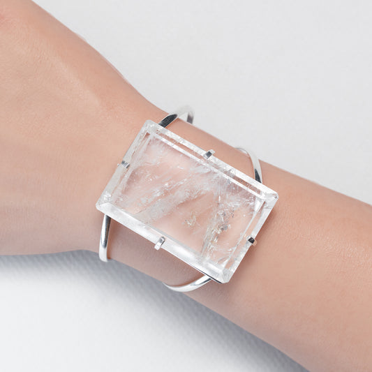 Large faceted rectangle crystal quartz cuff bracelet