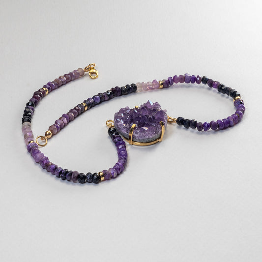 Nidra Violeta — charoite & druzy amethyst heart necklace
