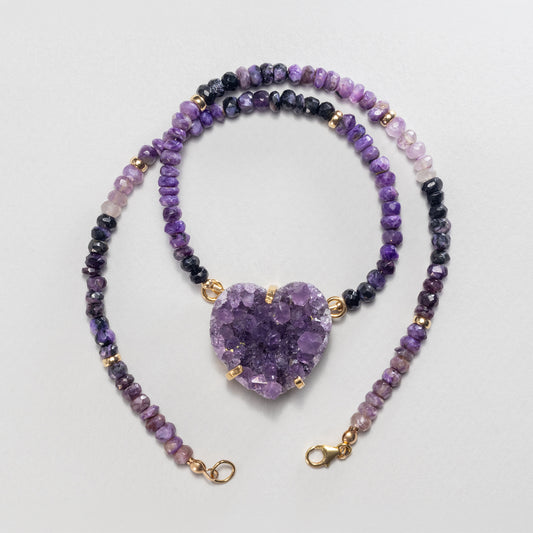 Nidra Violeta — charoite & druzy amethyst heart necklace