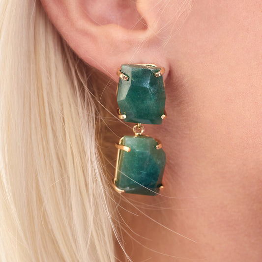 Chunky freeform faceted green quartz double drop dangle earrings