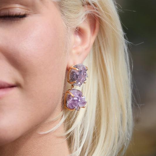 Double drop druzy amethyst dangle earrings