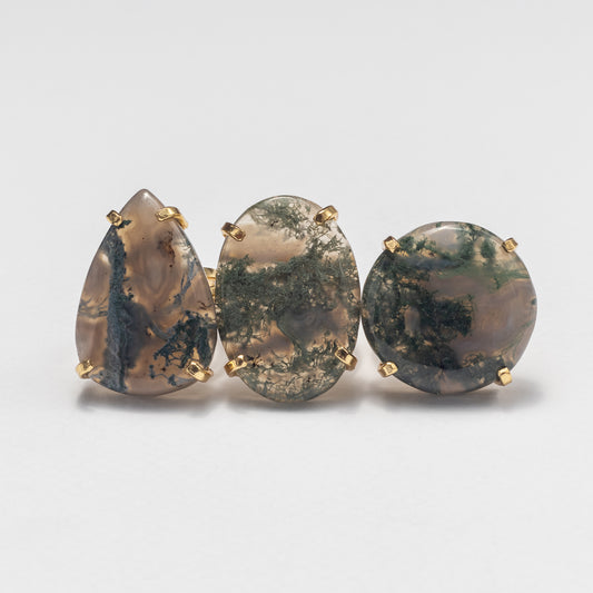 Moss agate mixed shape cabochon rings