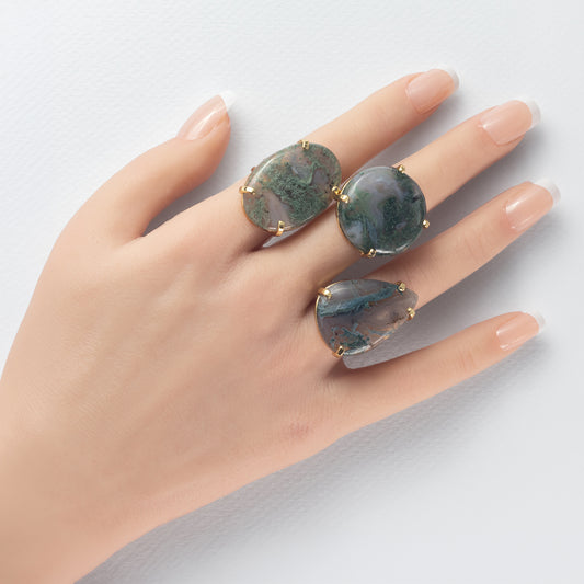 Moss agate mixed shape cabochon rings