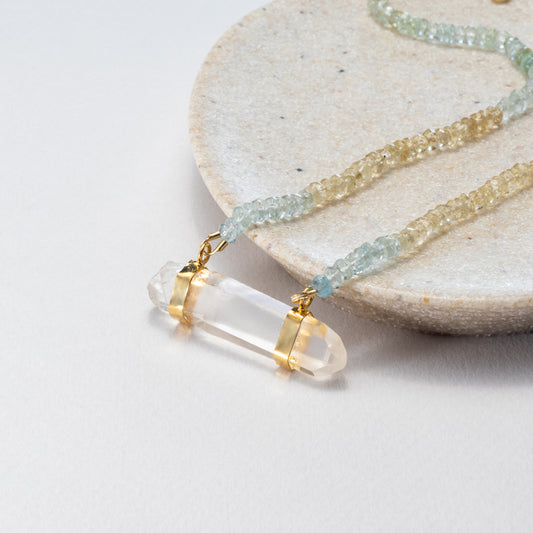 Hathor Crystalina — shaded aquamarine & lemurian crystal necklace