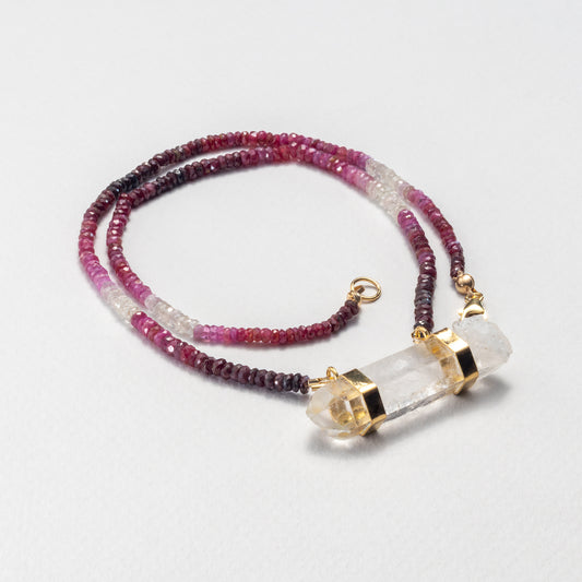 Hathor Crystalina — shaded ruby & lemurian crystal necklace