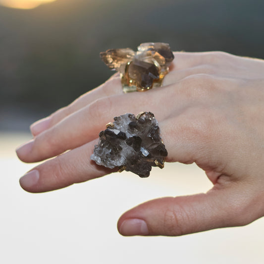 Smoky quartz crystal cluster ring