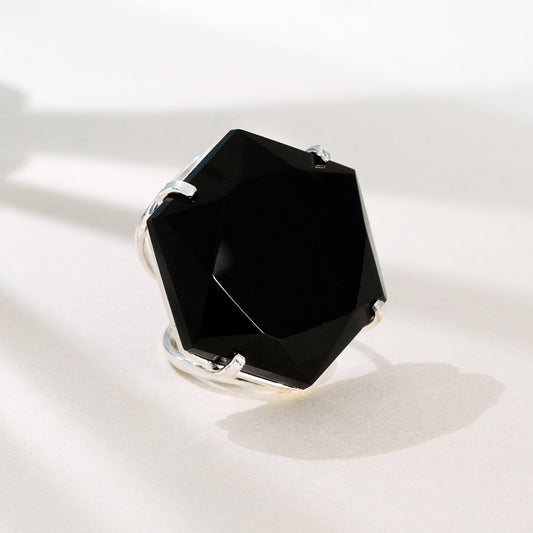 Black obsidian hexagon ring