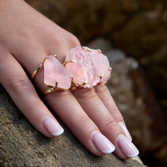 Raw rose quartz slice statement ring