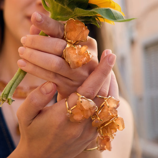 Tangerine crystal cluster statement ring