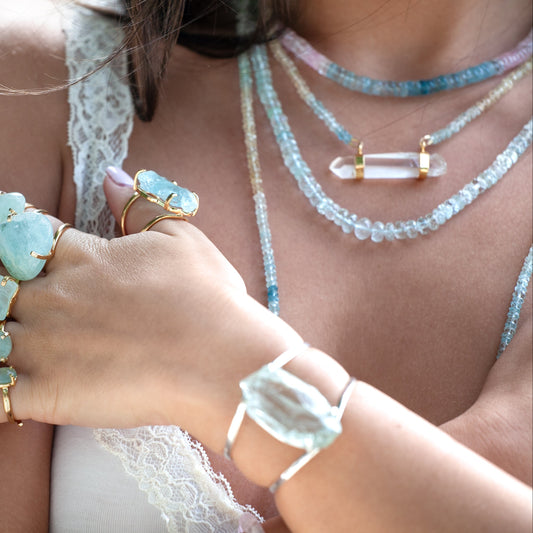 Hathor Crystalina — shaded aquamarine & lemurian crystal necklace