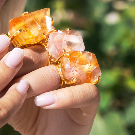 Chunky freeform faceted pink lemurian crystal statement ring